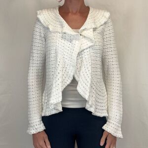 Madison Women's White Crochet Open Knit Long Sleeve Ruffle Cardigan M Med Medium
